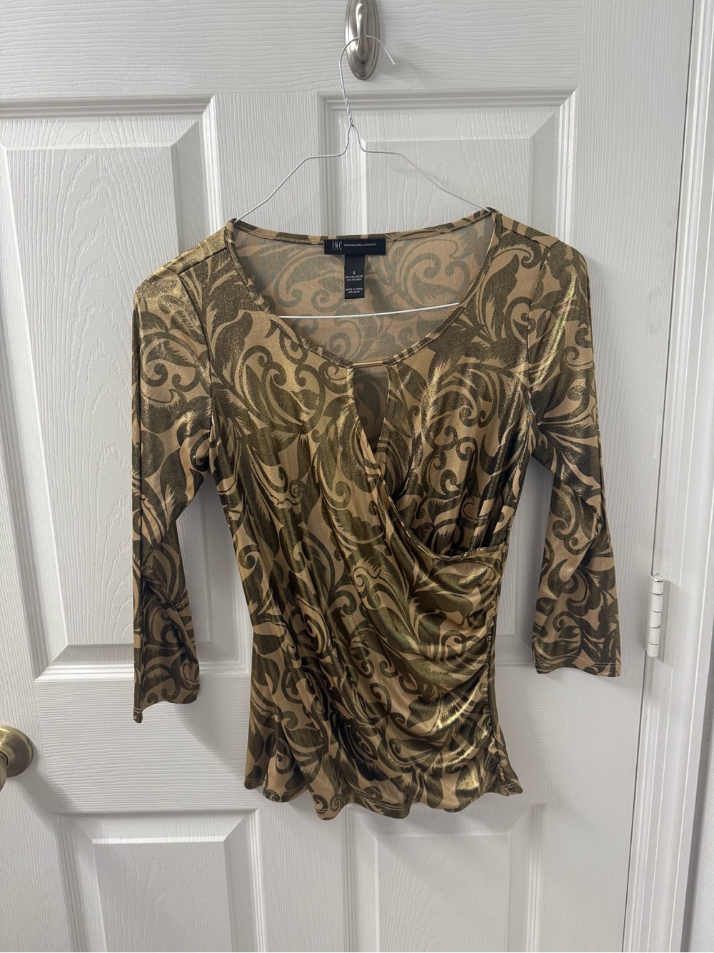 INC International Concepts Olive and Gold Draped Wrap-Front Blouse